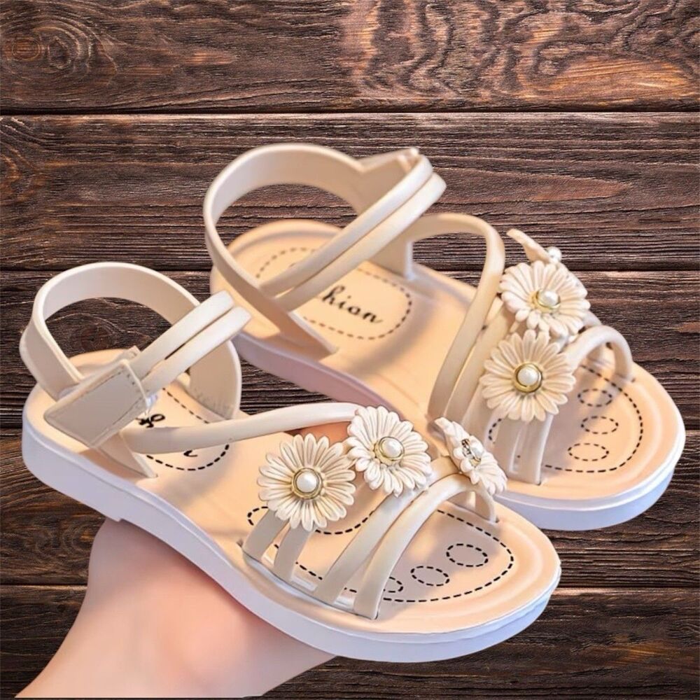 Girls PVC Sandals Size 12 Beige Floral Pearl Non-Slip Summer Shoes Hook & Loop - Picture 2 of 16